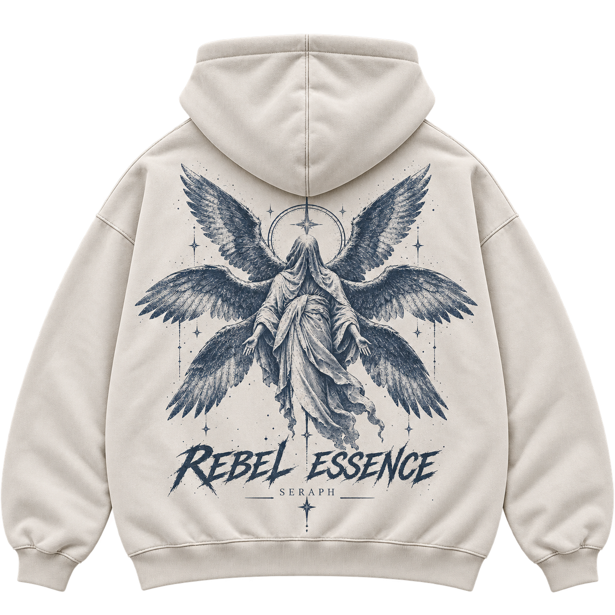 Seraph Hoodie, blauer Engel als Backprint auf Pearl Grey