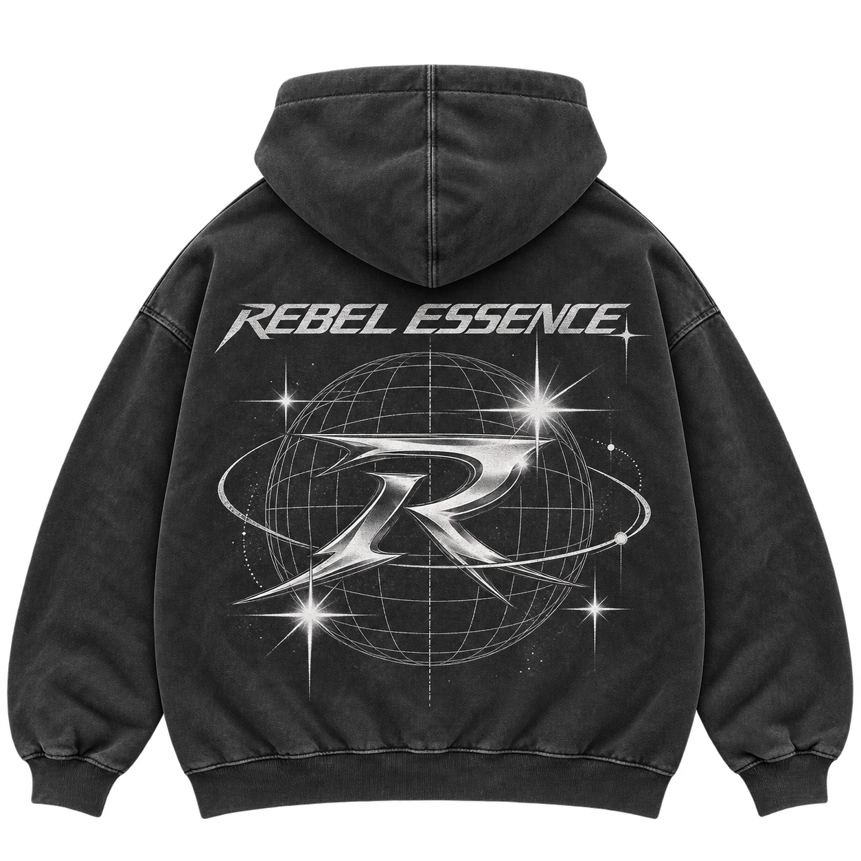Orbit Hoodie in Washed Black, Rückansicht mit großem Backprint