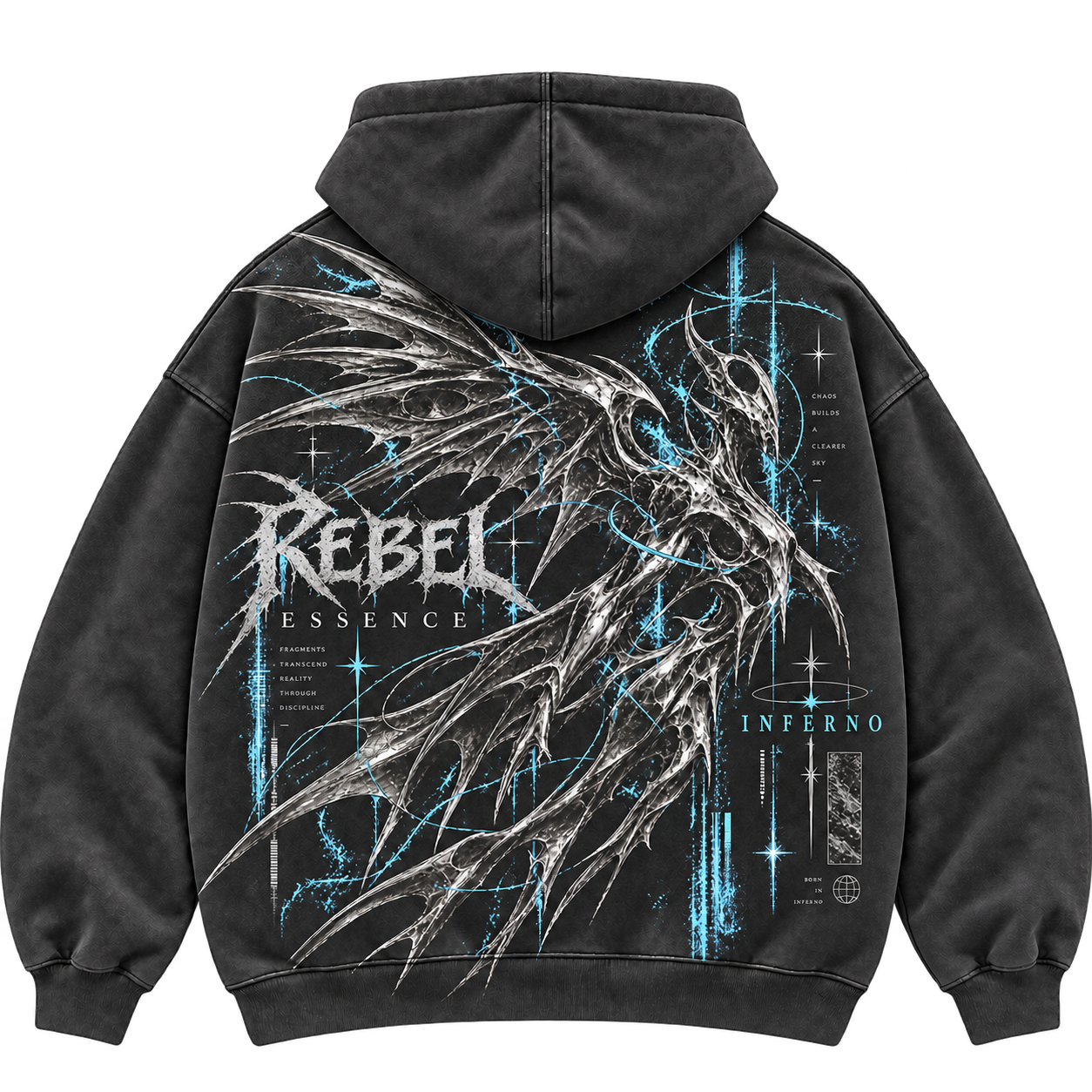 Inferno Hoodie in Washed Black, Rückansicht mit großem Backprint