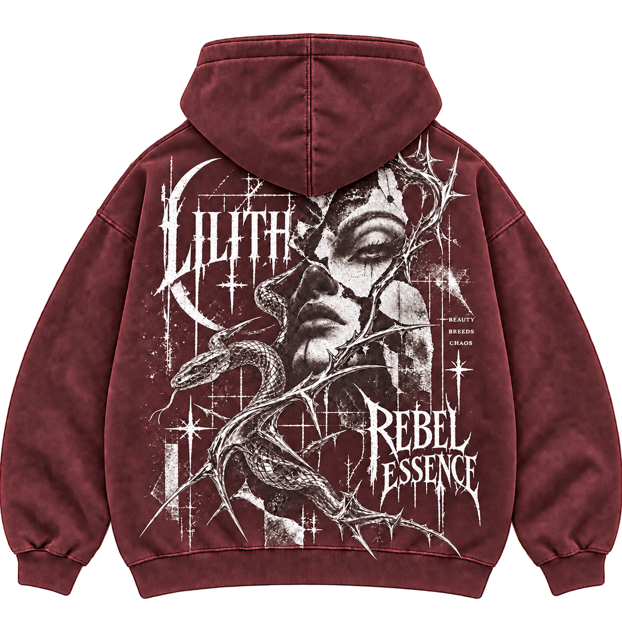 Lilith Hoodie in Deep Burgundy, Rückansicht mit großem Backprint