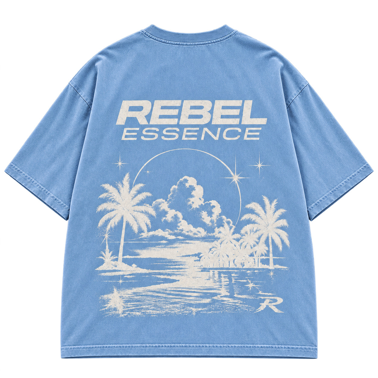 Paradise Tee in Faded Blue, Rückansicht mit großem Backprint